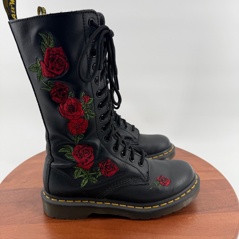 Dr. Martens Vonda Black Leather Rose Embroidered Mid Calf Combat Boots Women's 7